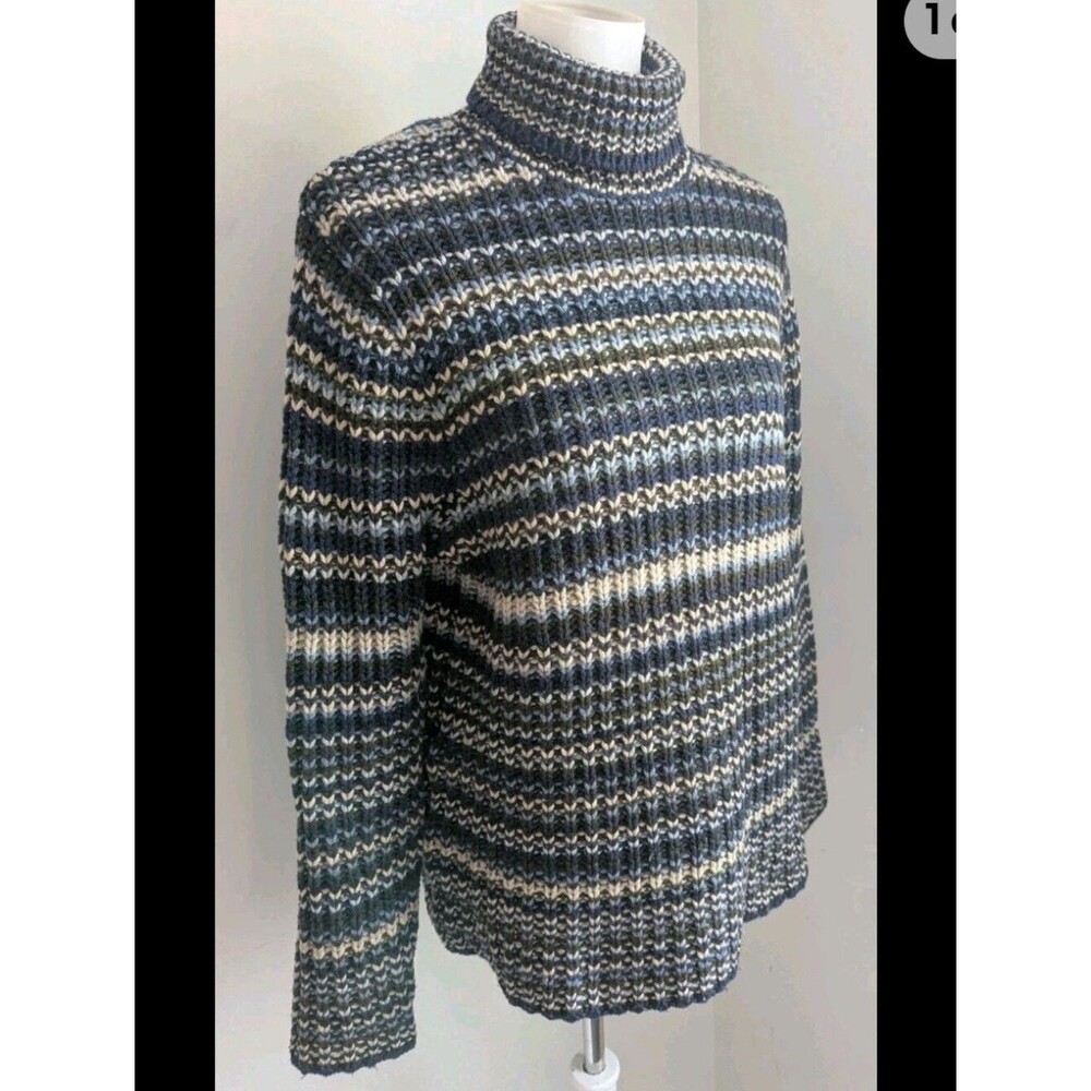 GAP 90s Y2K Striped Turtleneck Sweater 100% Lambswool Blue Gray Cream